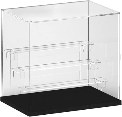 Choowin 4 Tier Clear Acrylic Display Case for Collectibles, Mini Figures, Pop Mart, Labubu, Sonny Angel, Smiski - Assemble Dustproof Acrylic Display Box with Door, Stand (Black Base, Clear Step)