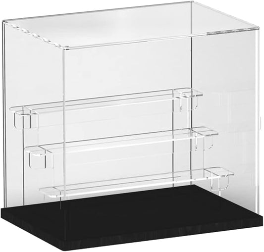 Choowin 4 Tier Clear Acrylic Display Case for Collectibles, Mini Figures, Pop Mart, Labubu, Sonny Angel, Smiski - Assemble Dustproof Acrylic Display Box with Door, Stand (Black Base, Clear Step)