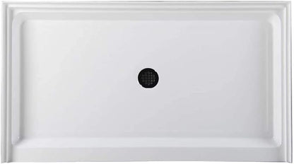 Westbrass SP6036WP-62 60" x 36" 3-Wall Shower Pan with Plastic Center Drain and 4-1/4" Cross Grid Brass Drain Cover, Matte Black
