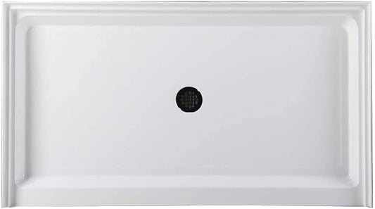 Westbrass SP6036WP-62 60" x 36" 3-Wall Shower Pan with Plastic Center Drain and 4-1/4" Cross Grid Brass Drain Cover, Matte Black
