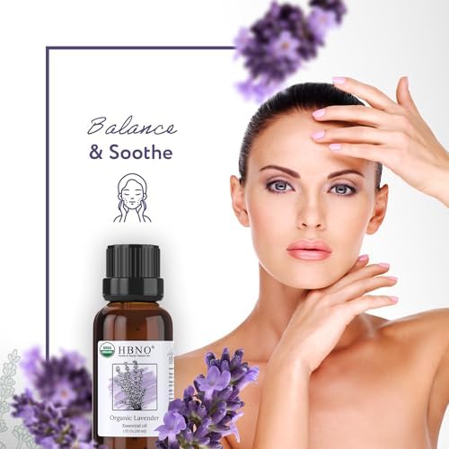 HBNO California Bottled Organic Lavender Essential Oil 1 fl oz (30ml) - USDA Certified Organic Lavender Oil for Skin, Perfect for Cleaning, Aromatherapy, DIY & Diffuser