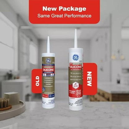 GE Advanced Silicone Caulk for Kitchen & Bathroom, White, 10 fl oz Cartridge, 1 Pack - 100% Waterproof Silicone Sealant, 5X Stronger Adhesion, Shrink & Crack Proof