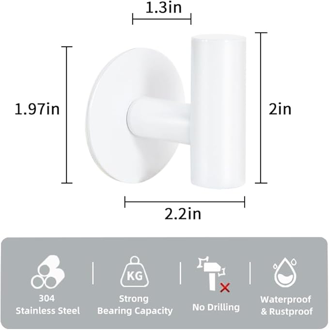 Vuzvuv Adhesive Hooks White SUS304 Stainless Steel - Self Adhesive Heavy Duty Waterproof Wall Hooks for Towel, Coat, Robe in Bathrooms Kitchen Hotel (2-Pack)