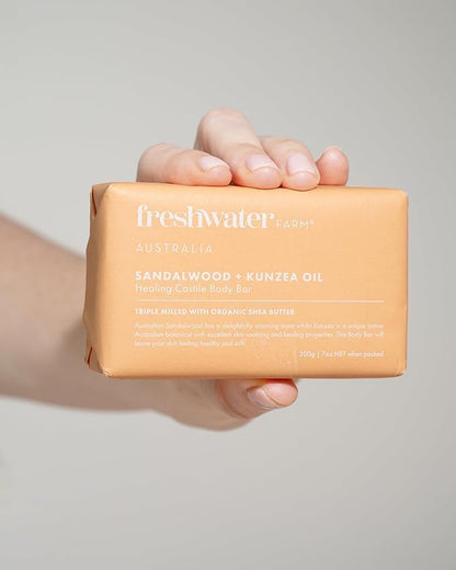 Freshwater Farm Australia Natural Soap Bar- Healing Sandalwood + Kunzea Oil 7oz x 8 Pack.Castile Natural Bar Soap/Body Soap Bars With Essential Oil For Sensitive Skin