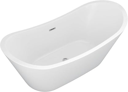 67" Freestanding Acrylic Bathtub – White Double Slipper Soaking Tub with Chrome Drain & Overflow, Glossy Finish for Modern Bathrooms #YSB9211