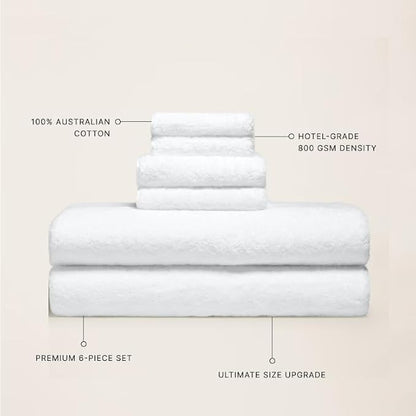 Italic Ultraplush Luxe 6 Piece Towel Set – 2 Bath Sheets, 2 Hand Towels, 2 Washcloths – 800GSM Soft, Highly Absorbent & Quick Drying, Resort Grade 100% Australian Cotton Towels (White)