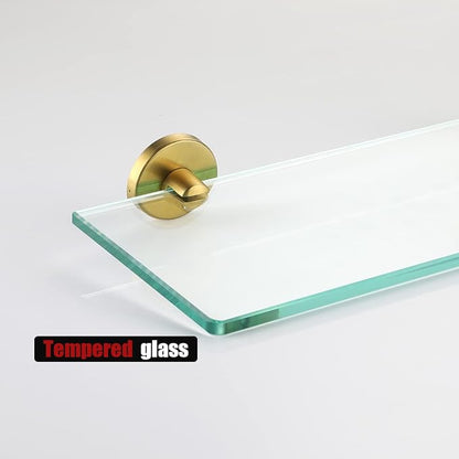 JQK Bathroom Glass Shelf Gold, Tempered Glass Shower Storage 30 by 5 inches, 304 Stainless Steel Brushed Gold Wall Mount, TGS101L30-BG
