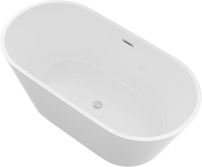 Logmey 59" Acrylic Freestanding Bathtub White Oval Shape Soaking Tub with Chrome Drain & Overflow Assembly for Classic Modern Bathrooms
