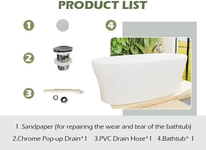 GIVINGTREE 63'' Freestanding Solid Surface Resin Stone Bathtub, Contemporary Design Stand Alone Tub with Pop-up Drain and Overflow, cUPC Certified (PO1072-White)