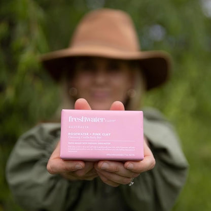 Freshwater Farm Australia Castile Natural Bar Soap | Rosewater + Pink Clay | Australian Made + Family Owned | Triple-Milled with Australian Pink Clay | Recyclable Paper Wrap | 200g x 8pk