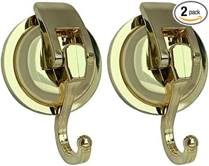 Heavy Duty Vacuum Shower Hooks, Glass Suction Cup Bathroom Robe Hooks - Reusable, No Hole Punched, for Garland Decoration (Gold, 2 Pack)