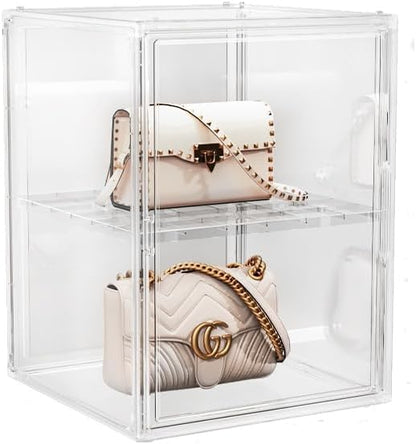 X-Large 2 Tiers 14.2"X10.6"X8" Acrylic Display Case with 1 Division Board, Clear Organizer Box Plastic Holder with Magnetic Door for Loungefly Backpack, Handbags, Purses, Boots
