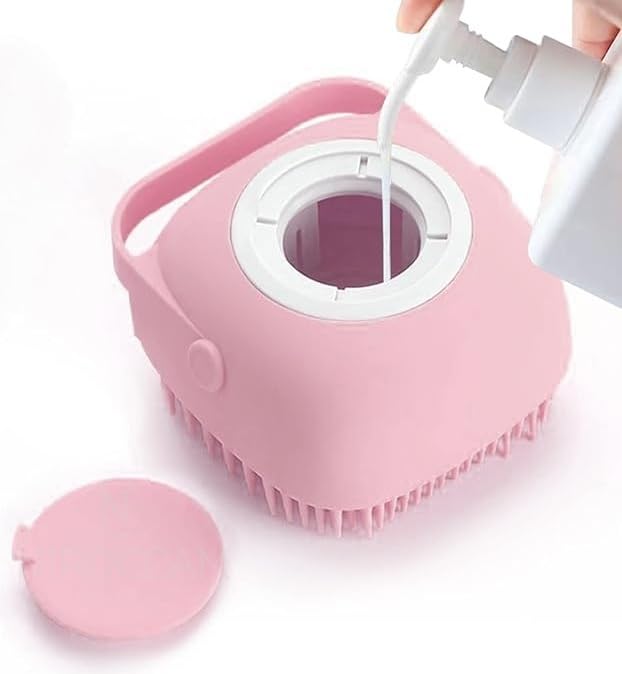 Dog Bath Brush with Shampoo Dispenser – Silicone Pet Grooming Scrubber for Dogs & Cats, Deep Clean + Massage, Easy-Grip Rubber Handle – Pet Shower Tool for Long & Short Hair