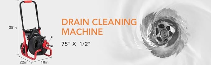 Heavy Duty Electric Drain Cleaner Machine, 75 Ft x 1/2 Inch Sewer Snake, 370w Auto-Feed, 6 Interchangeable Cutters, Gloves, Portable Pipe Cleaning Tool for 2-4 Inch Pipes