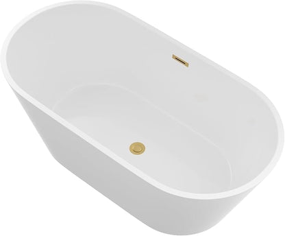Logmey 59 In White Acrylic Freestanding Bathtub Oval Shape Soaking Tub with Gold Drain & Overflow Assembly for Classic and Modern Bathrooms