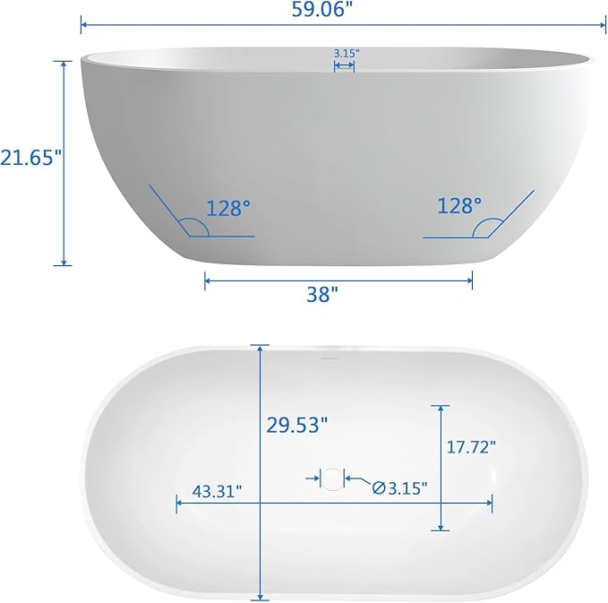 59'' Freestanding Tubs Bathtub Bathroom Solid Surface Resin Stone Bathtubs soaker Tubs Oval Shaped Matte Luxury Modern Soaking Tub with Overflow and Pop-up Drain - White