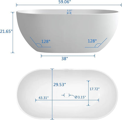 59'' Freestanding Tubs Bathtub Bathroom Solid Surface Resin Stone Bathtubs soaker Tubs Oval Shaped Matte Luxury Modern Soaking Tub with Overflow and Pop-up Drain - White