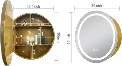 30 inch Round Medicine Cabinet with Lights,Led Medicine Cabinet with Defogger,Illuminated Mirror Cabinet for Bathroom,Dimmable,Defogger,3 Color Temperature 3000k-6500k Gold
