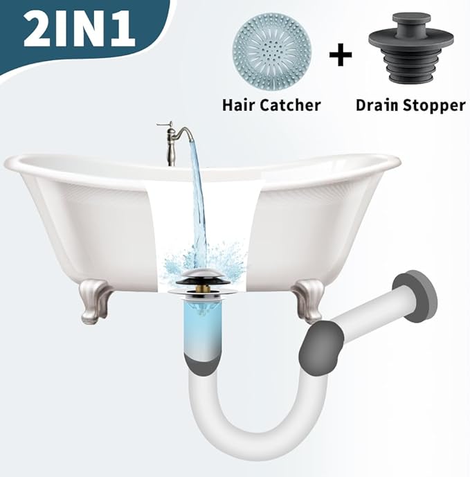 Bathtub Drain Stopper with Hair Catcher, Anti Clogging Bath Tub Drain Stoppers, Replaces Lift and Turn, Tip-Toe and Trip Lever drains for Tub, Easy Install and Clean (Chrome Silver)