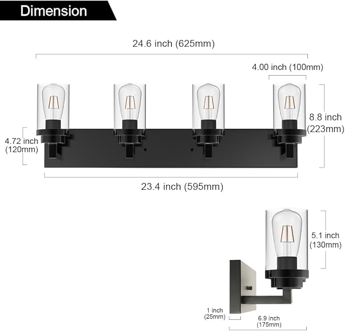 MELUCEE 4-Light Vanity Lights Over Mirror, Farmhouse Bathroom Light Fixtures Black with Clear Glass Shade, Industrial Wall Mount Lamp for Bedroom Kitchen Hallway