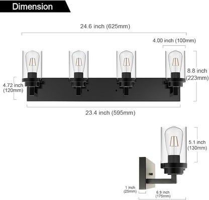 MELUCEE 4-Light Vanity Lights Over Mirror, Farmhouse Bathroom Light Fixtures Black with Clear Glass Shade, Industrial Wall Mount Lamp for Bedroom Kitchen Hallway