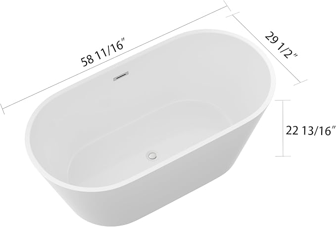 Logmey 59" Acrylic Freestanding Bathtub White Oval Shape Soaking Tub with Chrome Drain & Overflow Assembly for Classic Modern Bathrooms
