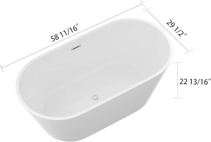 Logmey 59" Acrylic Freestanding Bathtub White Oval Shape Soaking Tub with Chrome Drain & Overflow Assembly for Classic Modern Bathrooms