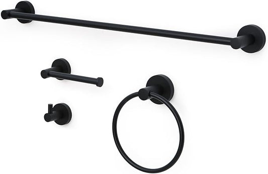 Matte Black Bathroom Hardware Set 4 Piece Towel bar Set,Towel Rack for Bathroom Wall Mounted Adjustable Expandable 24 inch Towel Holder Robe Hook Towel Ring Toilet Paper Holder