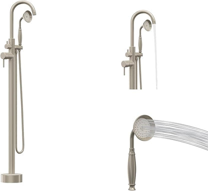 Freestanding Tub Filler Brushed Nickel Floor Mount Bathtub Faucet Bathroom,Rough-in Valve 2 Function Handshower for Tub Rinsing Bathing,Anti-Wobble Base,Telephone-Shape Handheld