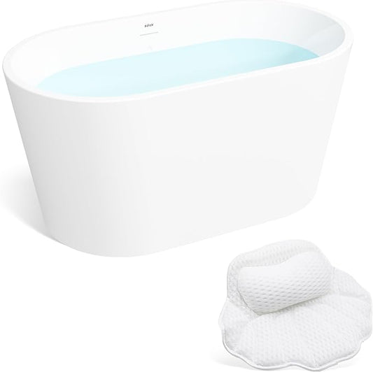 FerdY Shangri-La 47" Acrylic Freestanding Bathtub with Headrest, Small Classic Oval Shape Acrylic Soaking Bathtub with Brushed Nickel Drain & Overflow& Bath Pillow, cUPC Certified