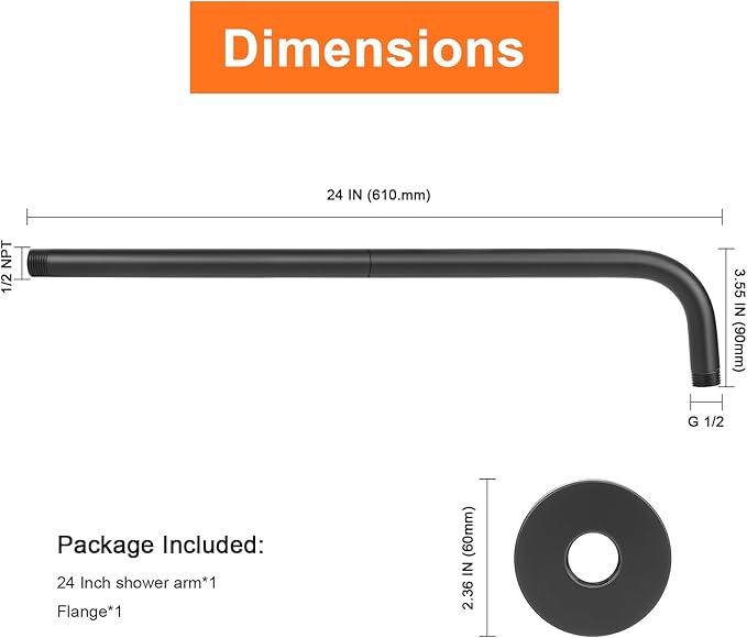 HarJue Shower Arm with Flange and Teflon Tape, Wall Mounted Shower Pipe 304 Stainless Steel Extension Arm for Fixed Shower Head & Handheld (24 Inch, Matte Black)