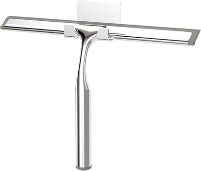 Shower Squeegee for Glass Doors, Stainless Steel Shower Squeegee for Bathroom, Window and Tiles, All-Purpose Squeegee with Adhesive Hook-10”, Chrome