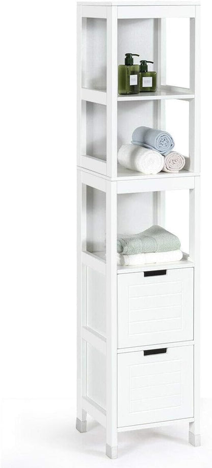 Tangkula Tall Bathroom Storage Cabinet, Freestanding 57" H Tall Slim Bathroom Floor Cabinet with 3 Tier Open Shelves and 2 Drawers, Multifunction Organizer Wooden Tower (White)