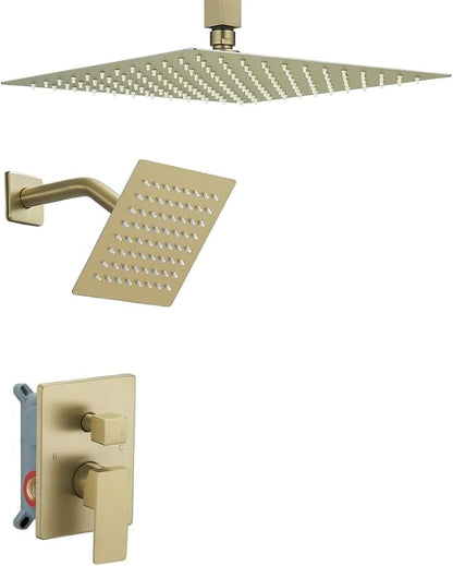 Shower Faucet Set Brushed Gold Shower System, Ceiling Mount 10 Inch Shower Head with 6 Inch Wall Mount Shower Head, Knob Switch Diverter Shower Faucet, Rough-in Valve Body and Trim Included