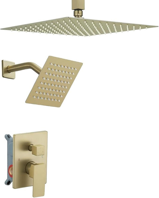 Shower Faucet Set Brushed Gold Shower System, Ceiling Mount 10 Inch Shower Head with 6 Inch Wall Mount Shower Head, Knob Switch Diverter Shower Faucet, Rough-in Valve Body and Trim Included