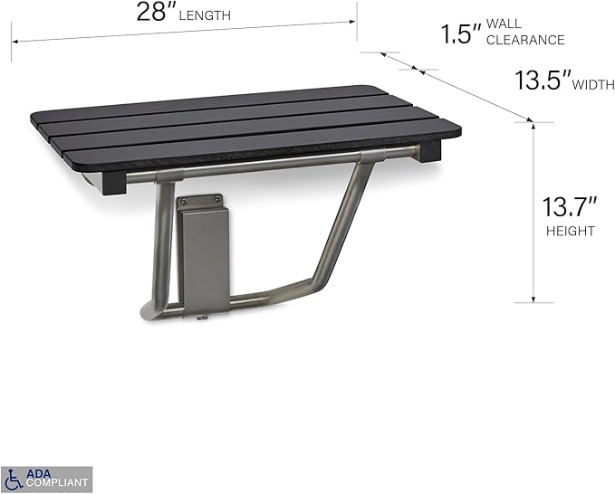 28-inch x 15-inch ADA Folding Wall Mount Bathroom Shower Seat Bench, Black Slatted Phenolic Seat