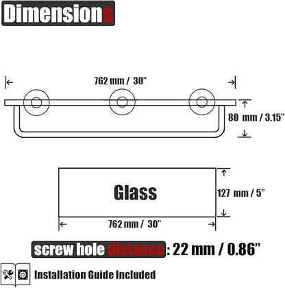 JQK Bathroom Glass Shelf Polished Chome, Shelf with 29 Inch Towel Bar Tempered Glass Shower Storage 30 by 5 inches, 304 Stainless Steel Silver Finish Wall Mount, TGS100L30-CH