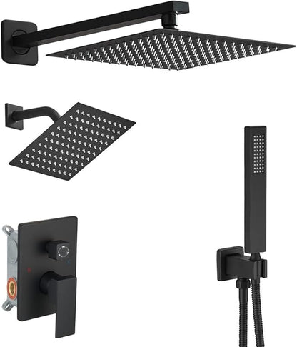 Shower Faucet Set Matte Black Shower System, Knob Switch Diverter Shower Faucet with High Pressure Handheld Spray, Wall Mount 10 Inch Shower Head with 6 Inch Wall Mount Shower Head