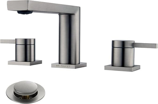 Luxury Brass Widespread Bathroom Sink Faucets with Copper Valve for 3 Hole 2-Handle 8 Inch Deck Bathroom Vanity Faucet, &Stainless Steel Pop-up Drain Assembly, Brushed Nickel