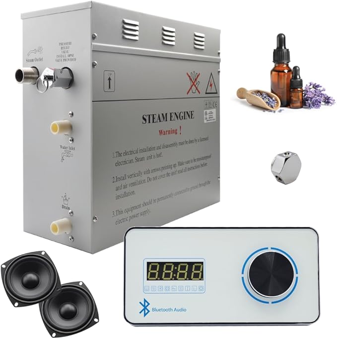 Superior Encore Plus 9 kW Steam Shower Generator Kit with Horizontal White Keypad & Aromatherapy Oils Set |Self-Draining Steam Generator|One-click Connection Cord|Bluetooth Audio|