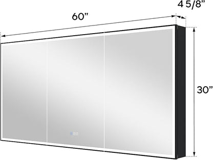 WELLFOR 60" X 30" LED Mirrored Medicine Cabinet, Medicine Cabinets with Lights for Bathroom, Defogging Function Mirror Cabinet, Bathroom Medicine Cabinet with USB Port & Outlet, Three Opening Doors