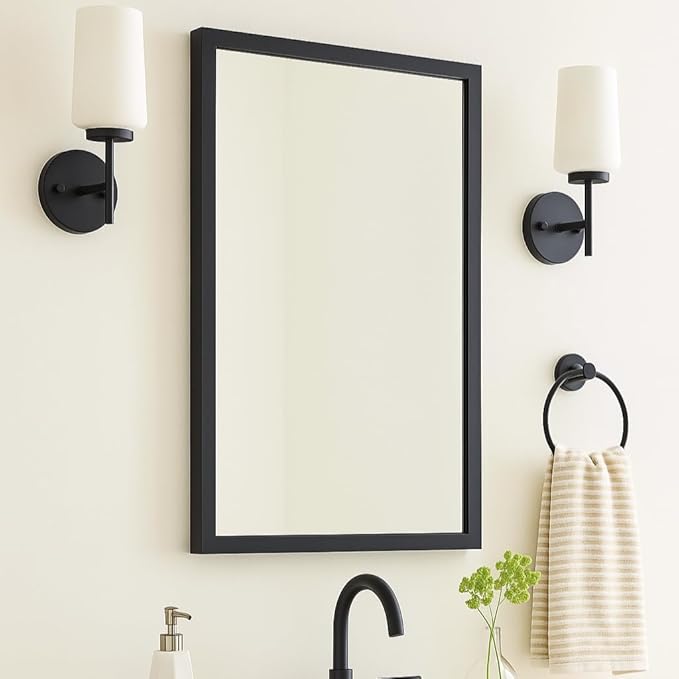 TEHOME Black Metal Framed Recessed Bathroom Medicine Cabinet with Mirror Rectangle Beveled Vanity Mirrors for Wall 16 x 24 inches