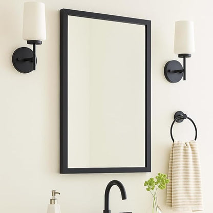 TEHOME Black Metal Framed Recessed Bathroom Medicine Cabinet with Mirror Rectangle Beveled Vanity Mirrors for Wall 16 x 24 inches