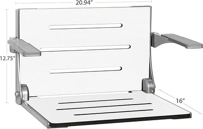 Seachrome Silhouette Comfort Folding Wall Mount Shower Bench Seat with Arms, White Seat with Matte Black Frame