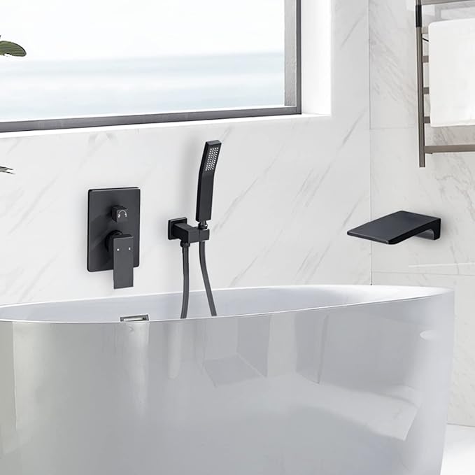Roman Tub Filler Faucet with Waterfall Spout Wall Mounted Single Handle Bathtub Shower Faucet with Hand Shower Wall Mount Waterfall Tub Faucets Sets, Matte Black