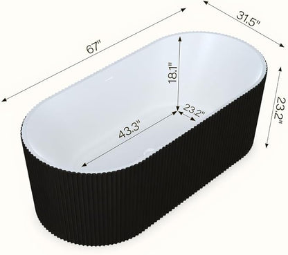 GarveeLife Freestanding Bathtubs 67 inch Black & White Acrylic Free Standing Soaking Tub – Contemporary Striped Design with Overflow Cover, Pop-Up Drain & Concealed Plumbing for Luxury Bathrooms