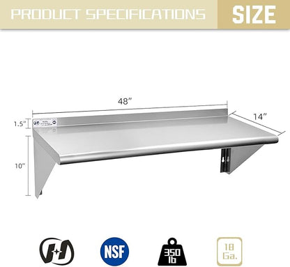 Hally Stainless Steel Shelf 14 x 48 Inches, 350 lb, Commercial Wall Mount Floating Shelving for Restaurant, Kitchen, Home and Hotel