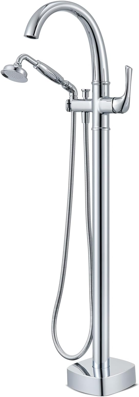 Free Standing Tub Faucet, Hanallx Luxury Polished Chrome Freestanding Bathtub Faucet with Sprayer, Premium Brass High Flow Rate Floor Mount Tub Filler Swivel Spout, Roman Tub Faucet Set（HM88011-CP）