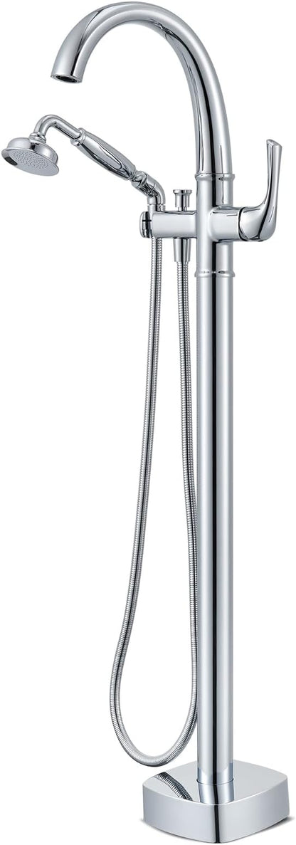 Free Standing Tub Faucet, Hanallx Luxury Polished Chrome Freestanding Bathtub Faucet with Sprayer, Premium Brass High Flow Rate Floor Mount Tub Filler Swivel Spout, Roman Tub Faucet Set（HM88011-CP）