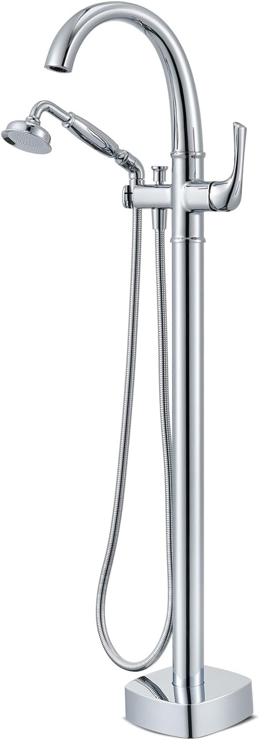 Free Standing Tub Faucet, Hanallx Luxury Polished Chrome Freestanding Bathtub Faucet with Sprayer, Premium Brass High Flow Rate Floor Mount Tub Filler Swivel Spout, Roman Tub Faucet Set（HM88011-CP）